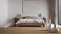 Wooden table top or shelf with minimalistic modern vases over japandi wooden bedroom with double bed in modern style, contemporary