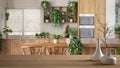 Wooden table top or shelf with minimalistic modern vases over modern kitchen and dining room, many houseplants, urban jungle,