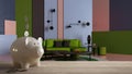 Wooden table top or shelf with white piggy bank with coins, colorful living room, green sofa, pouf, expensive home interior design