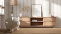 Wooden table top or shelf with white piggy bank with coins, modern wooden chest of drawers, frame mockup, expensive home interior