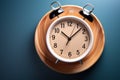 Wooden table, top view alarm clock centered on a plate Royalty Free Stock Photo