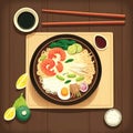 Wooden table top view illustration of noodles soup, also known as ramen, with shrimps, eggs, lime, soy sauce. Oriental traditional
