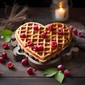 Wooden table top on it waffle in the shape of a heart with raspberries and cherries. Heart as a symbolffection and love