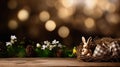 A wooden table topped with a bird nest filled with bunnies, AI