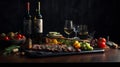 A wooden table topped with bottles of wine and assorted food. AI generative image