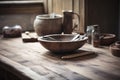 a wooden table topped with a bowl of food and utensils on top of a wooden table next to a jar of salt and pepper shakers Royalty Free Stock Photo