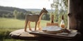 A wooden table topped with a cheese board and a horse figurine. AI generative image