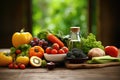 A wooden table topped with a colorful assortment of fresh fruit and vegetables, Healthy food is arranged with a stethoscope and Royalty Free Stock Photo