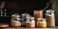 A wooden table topped with glass jars filled with food. AI generative image.