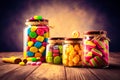 Wooden table topped with jars filled with candy Generative AI Royalty Free Stock Photo