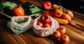 A wooden table topped with lots of different types of vegetables. AI generative image.