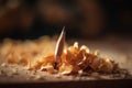 a wooden table topped with a pile of yellow pasta peels