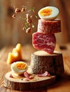 A wooden table topped with a stack of slices of meat and hard boiled eggs. Surreal food still life on dark wooden