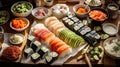 a wooden table topped with sushi and other sushi ingredients