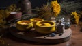 a wooden table topped with three yellow bowls filled with food