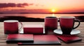 A wooden table topped with two cups of coffee. AI.