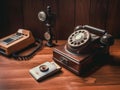 A wooden table topped with two old fashioned telephones. Generative AI image.