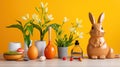 A wooden table topped with vases filled with flowers, AI