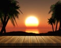 Wooden table and tropical sunset Royalty Free Stock Photo
