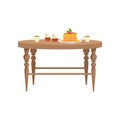 Wooden table with two cups of tea, cupcakes and stack of pancakes with berries on a plate, food for breakfast vector