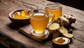 A wooden table with two glasses of tea and a bowl of honey Royalty Free Stock Photo