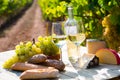 Wine, cheese, grape on vineyard background