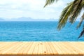 Wooden table under coconut trees with beautiful sea.