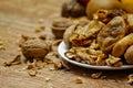 Dried fig and whole and cracked walnuts on white ceramic plate Royalty Free Stock Photo