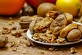 Dried fig and whole and cracked walnuts on white ceramic plate Royalty Free Stock Photo