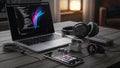 Tech setup on a wooden table featuring a laptop displaying code with Royalty Free Stock Photo