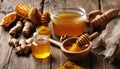 A wooden table with various jars of honey and spices