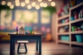 Wooden table view with blurred modern playroom background. Flawless