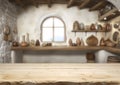 Wooden Table View In A Countryside Kitchen With The View On A Window And A Garden - A Woman In A Red Leotard And Black Boots Royalty Free Stock Photo