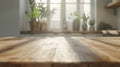 A wooden table with a view of a window and potted plants. Generative AI Royalty Free Stock Photo