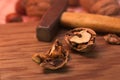 A wooden table where nuts are being cracked with a hammer Royalty Free Stock Photo