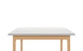 Wooden table with white surface close up. Contemporary writing table top with stylish plastic decor.