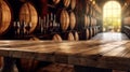 Wooden table with Wine barrels in wine-vaults in order on background