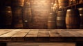 Wooden table with Wine barrels in wine-vaults in order on background