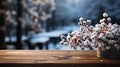 Wooden table and winter landscape background. Copy space. Place for text. Horizontal format. AI Generated