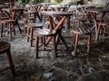 Wooden tables and seats in an outdoor cafe in Vinales, Cuba Royalty Free Stock Photo