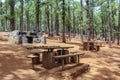 Wooden tables and stone grills for picnic and barbecue Canarian Pine forest, Esperanza, Tenerife