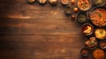 Wooden tabletop with assortment of dishes Royalty Free Stock Photo