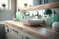 Wooden tabletop with blurred bathroom background. Modern bathroom interior selective focus. AI generated image Royalty Free Stock Photo