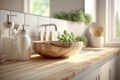 Wooden tabletop with blurred bathroom background. Modern bathroom interior selective focus. AI generated image Royalty Free Stock Photo