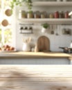 Wooden Tabletop With Blurred Kitchen Background