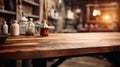 A wood table for product blur kitchen background