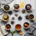 A variety of tea ingredients and tools offering a sense of relaxation Royalty Free Stock Photo