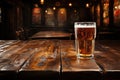 A Wooden Tabletop With Glass Of Beer Against Backdrop Of Lively Pub Blank Surface Royalty Free Stock Photo