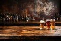 A Wooden Tabletop With Glass Of Beer Backdrop Of Trendy Craft Beer Bar Blank Surface