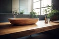 Wooden tabletop for product display with blurred bathroom interior featuring bathtub and minimalist design Royalty Free Stock Photo